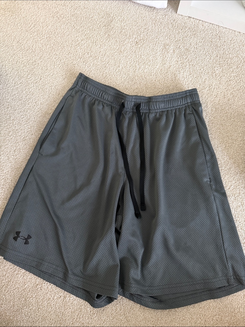 Under Armour Men’s Dark Gray Athletic Mesh Shorts with Black Drawstring